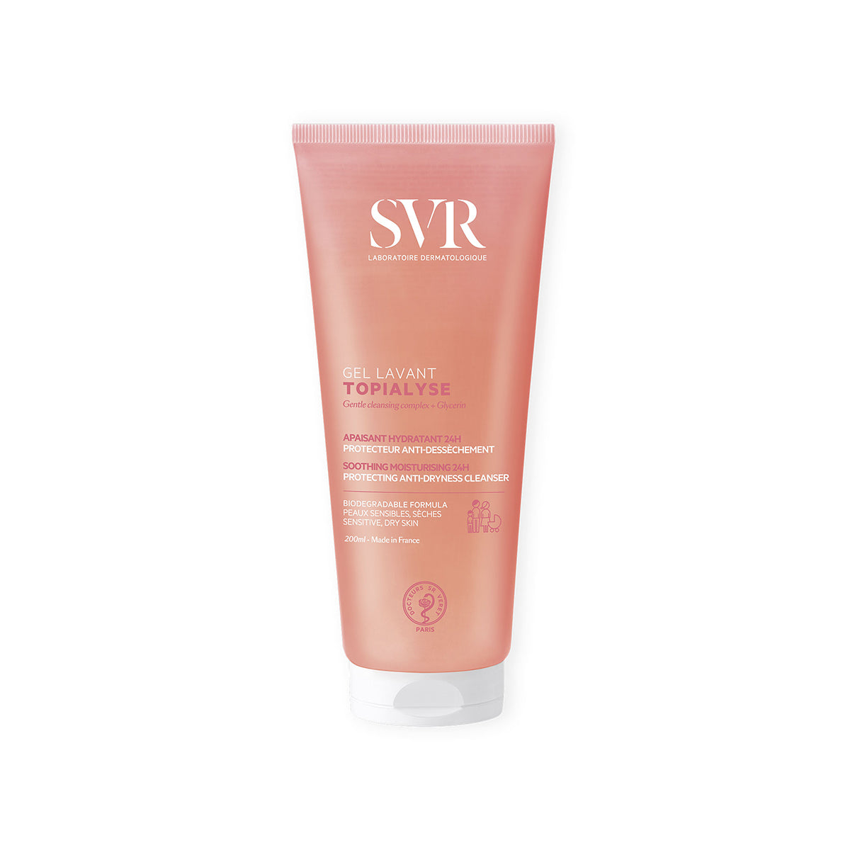 SVR TOPIALYSE Gel Lavant 200ml Tube in korallfarbenem Design für empfindliche, trockene Haut mit weißem Verschluss.