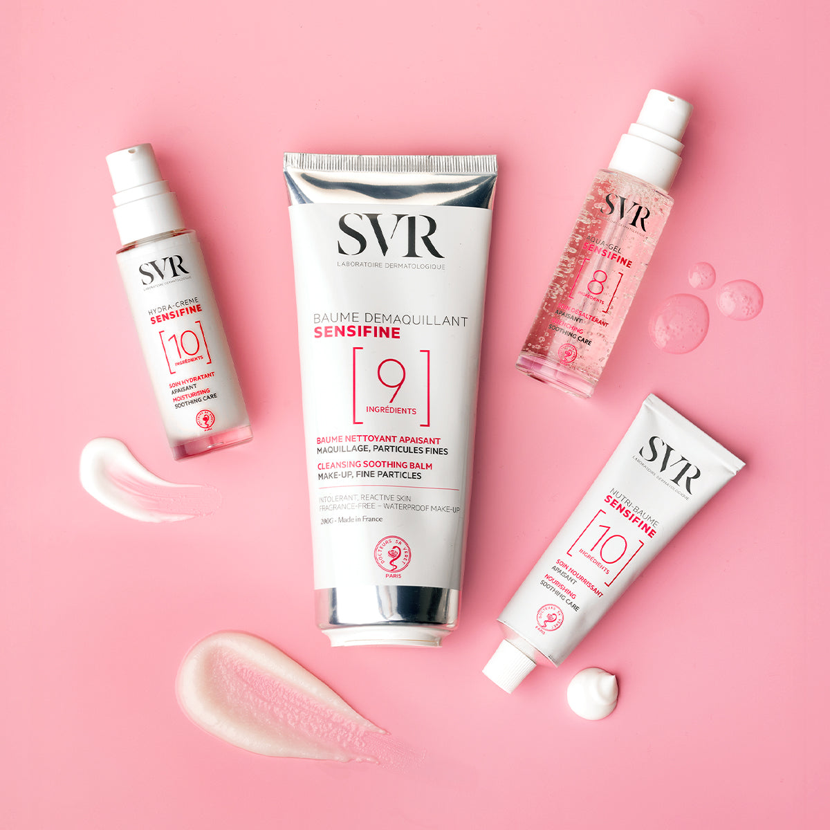 SVR Sensifine skincare collection with cream, balm, and gel tubes on a pink background with product swatches.