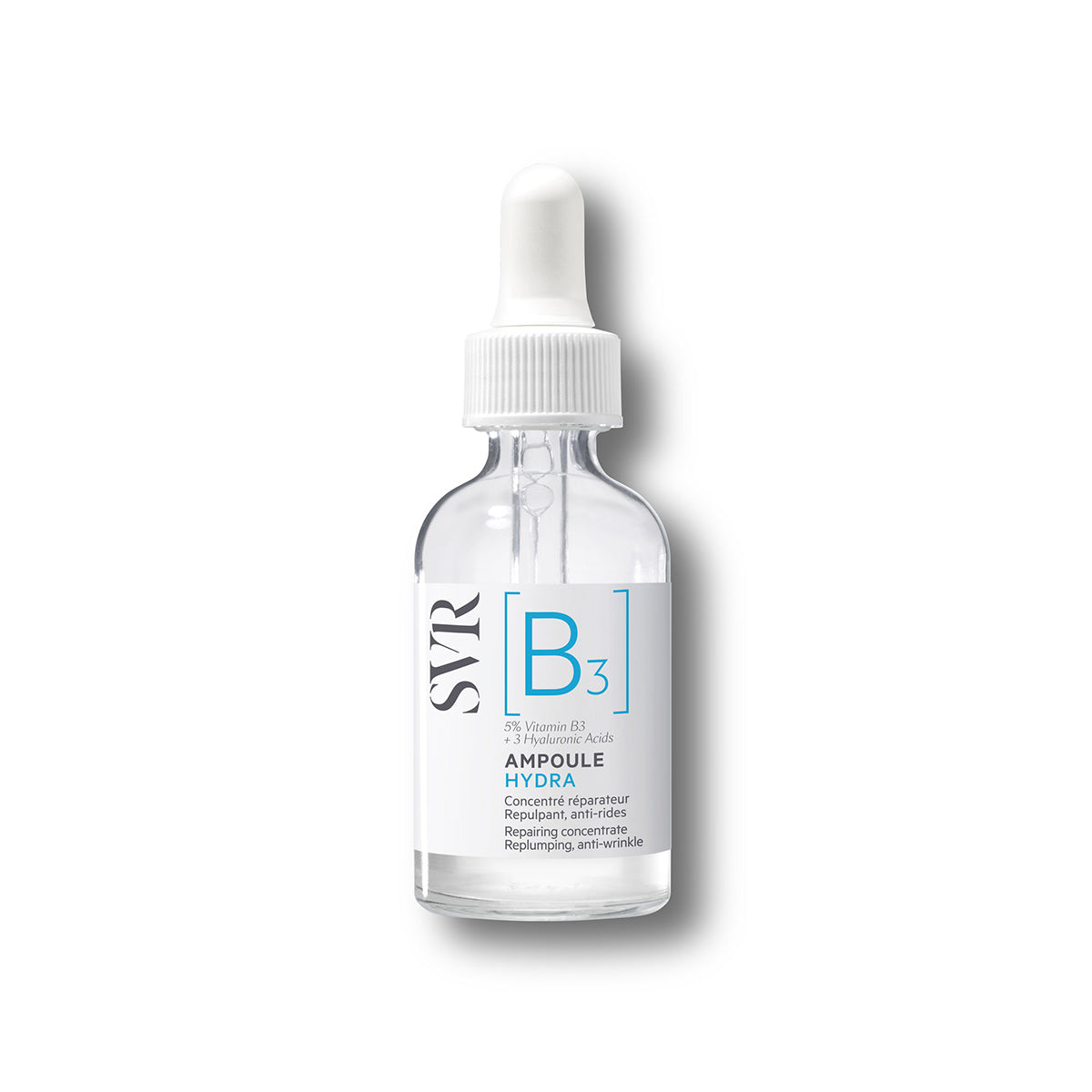 SVR B3 Ampoule Hydra Serum in einer transparenten Glasflasche mit weißem Pipettenverschluss und blau-weißem Etikett.