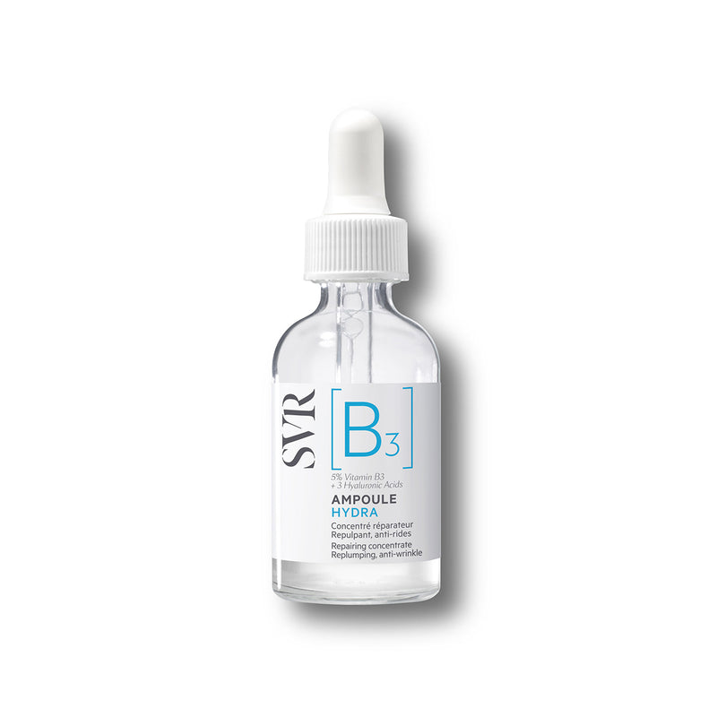 SVR B3 Ampoule Hydra Serum in einer transparenten Glasflasche mit weißem Pipettenverschluss und blau-weißem Etikett.