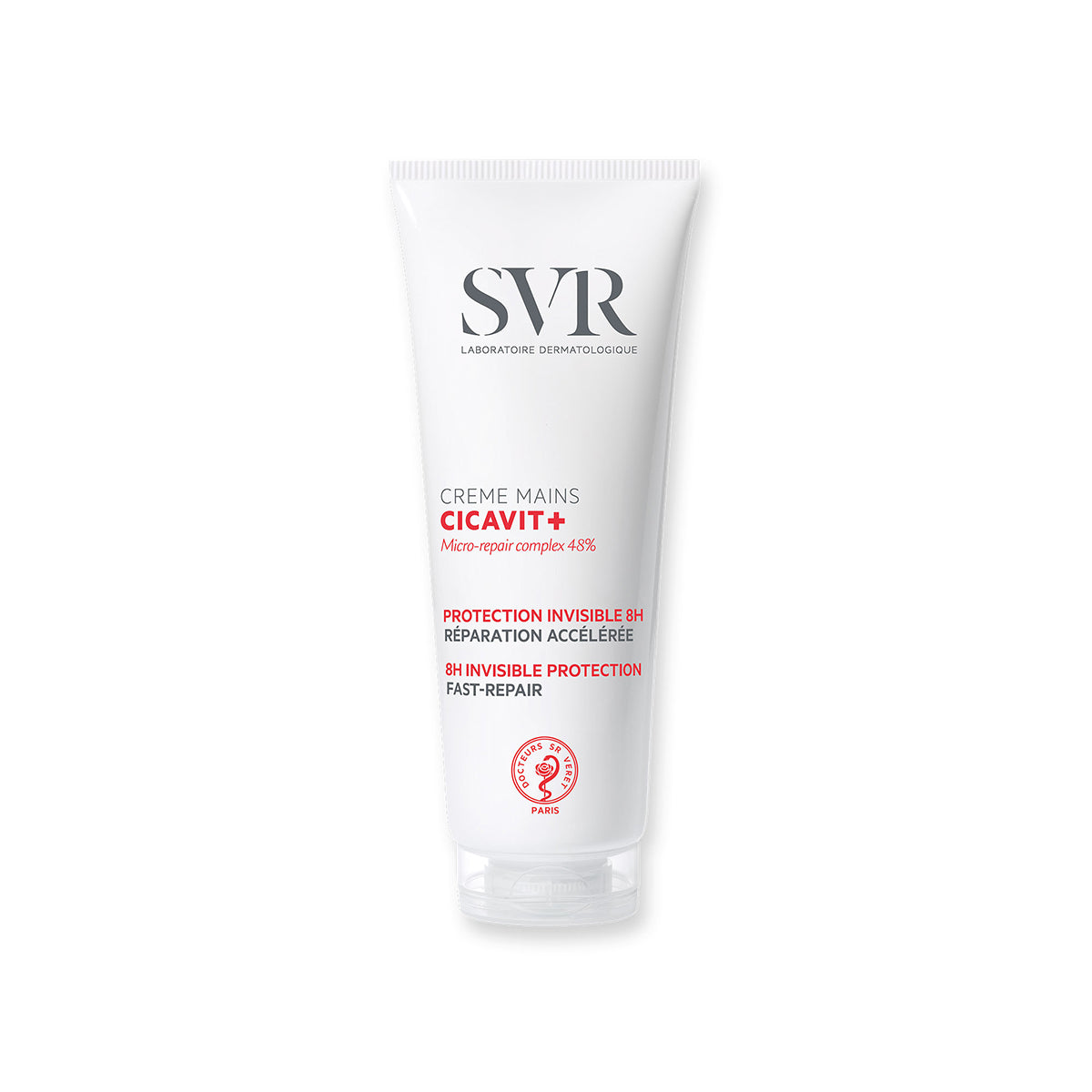 Weiße SVR CICAVIT+ Handcreme-Tube mit roter und schwarzer Beschriftung und transparentem Verschluss auf weißem Hintergrund.