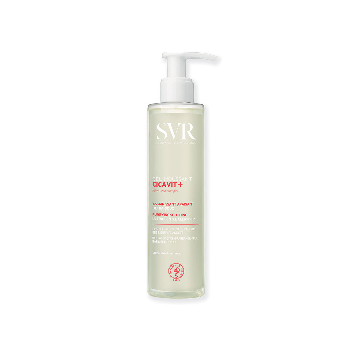 SVR CICAVIT+ Gel Moussant 200ml Pumpflasche für gereizte Haut mit weißer Beschriftung auf hellgrünem, transparentem Flakon.