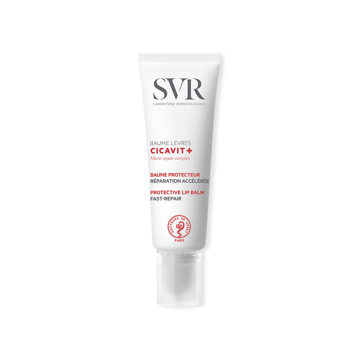 Weiße SVR Cicavit+ Lippenbalsam-Tube mit roter und schwarzer Beschriftung und transparentem Verschluss auf weißem Hintergrund.