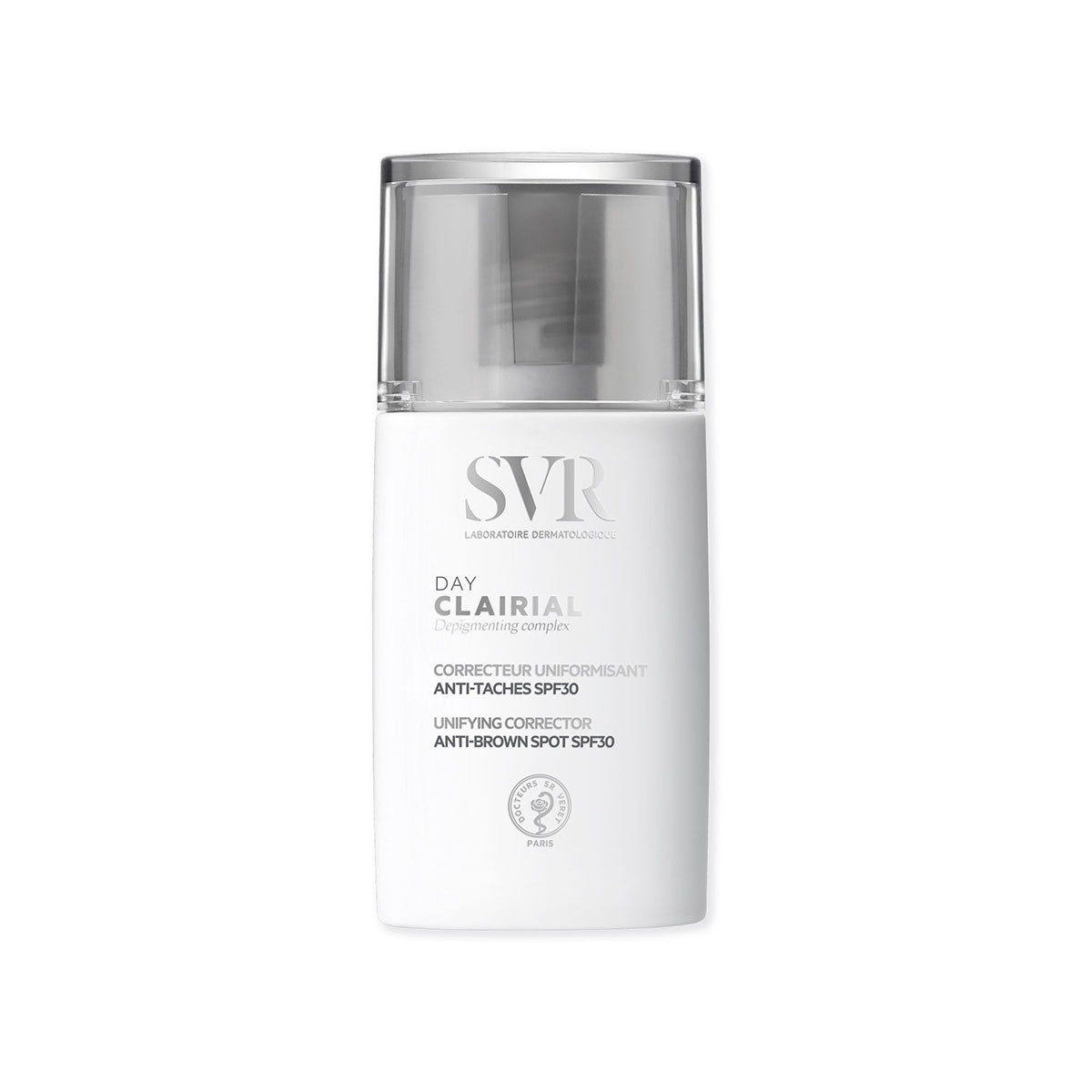 WeiĂe SVR Clairial Day Anti-Pigmentflecken-Creme mit transparentem Deckel und silberner Beschriftung in einer Pumpflasche.