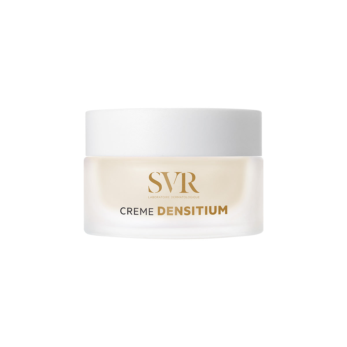SVR DENSITIUM Crème in a frosted glass jar with a white lid and gold lettering against a white background.