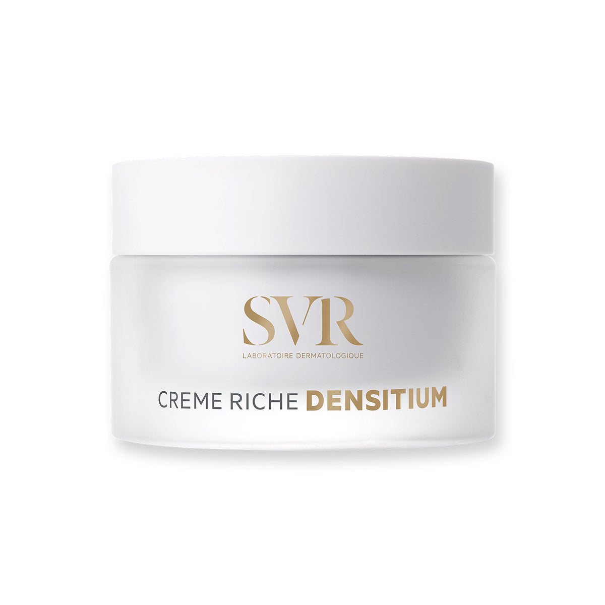 SVR Densitium Crème Riche in a white frosted glass jar with a matching white lid and gold lettering.