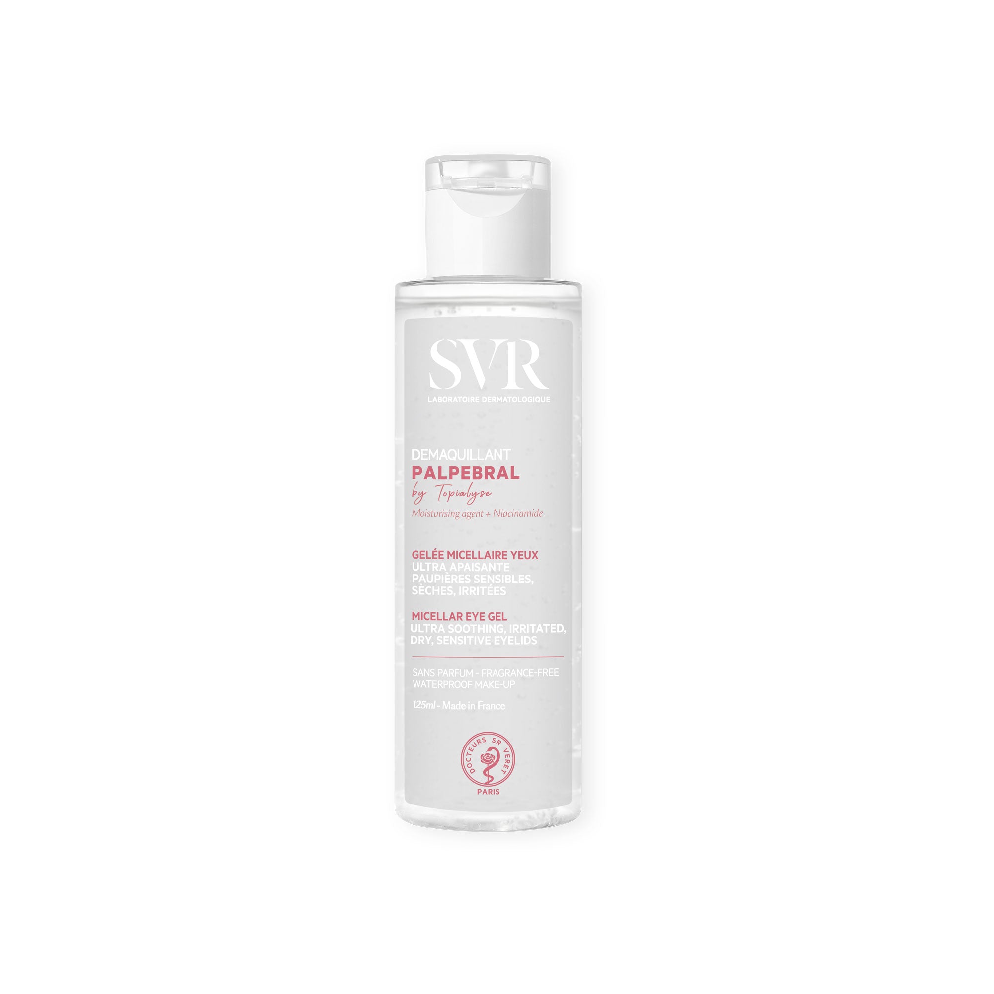 SVR Palpebral Démaquillant 125ml Augen-Make-up-Entferner in einer transparenten Flasche mit weißem Klappdeckel.