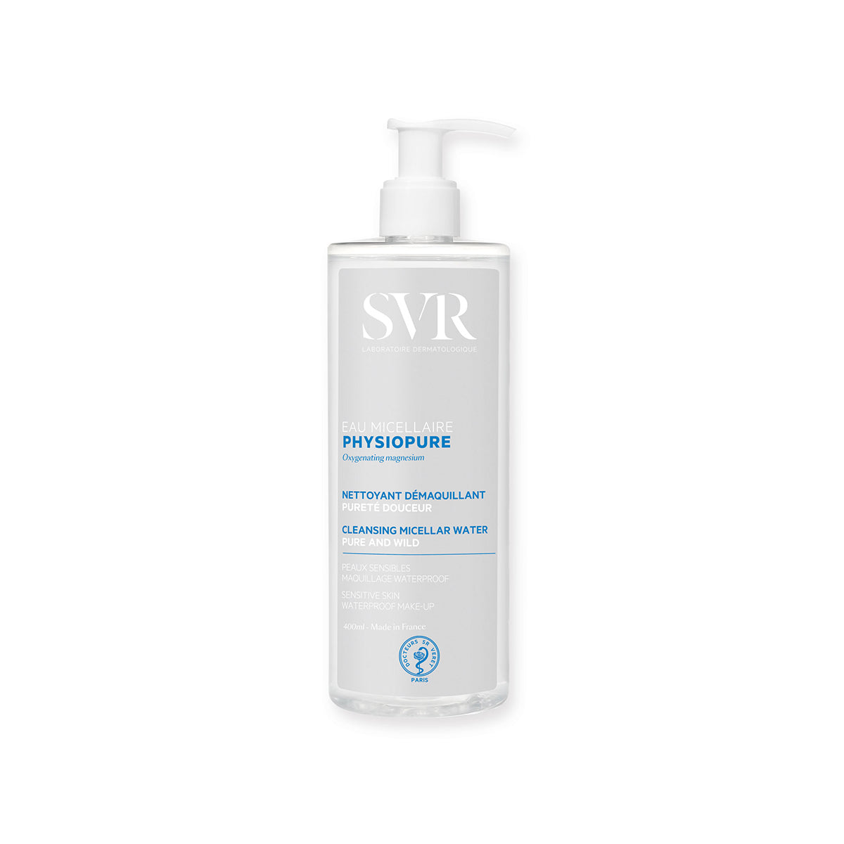 SVR PHYSIOPURE Eau Micellaire 400ml Pumpflasche mit weißem Spenderkopf und minimalistischem Design auf weißem Hintergrund.