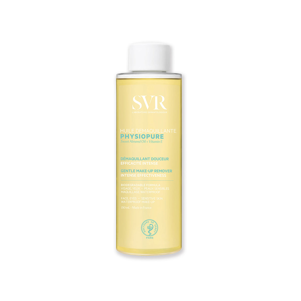 SVR PHYSIOPURE Reinigungsöl in einer 150ml Flasche mit gelber Textur für empfindliche Haut und wasserfestes Make-up.