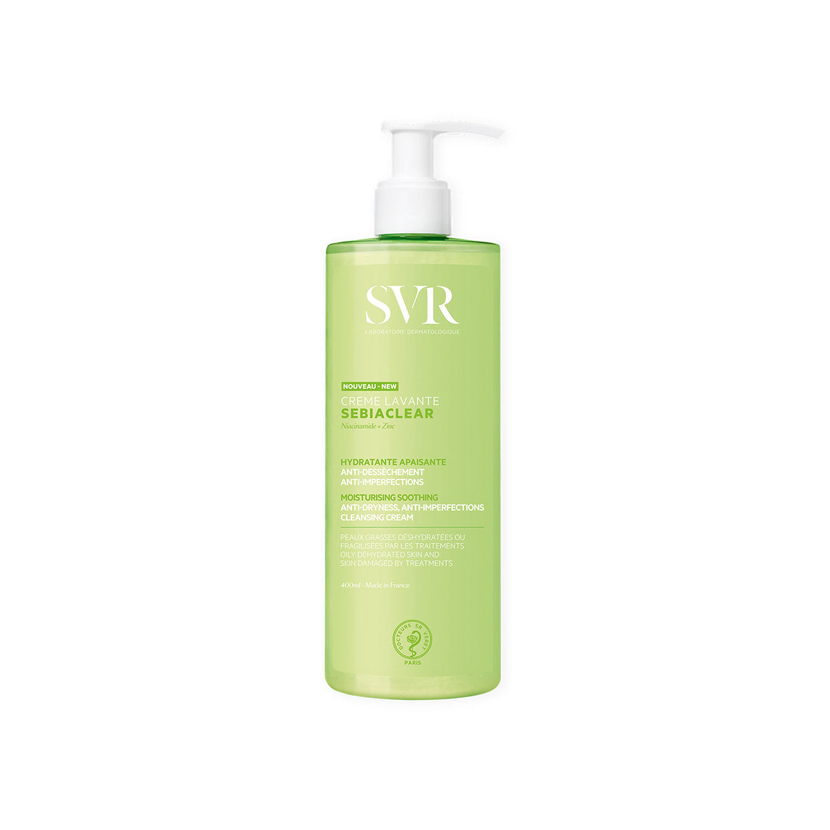 SVR SEBIACLEAR Waschcreme in einer grünen 400ml-Flasche mit weißem Pumpspender für empfindliche, unreine Haut.