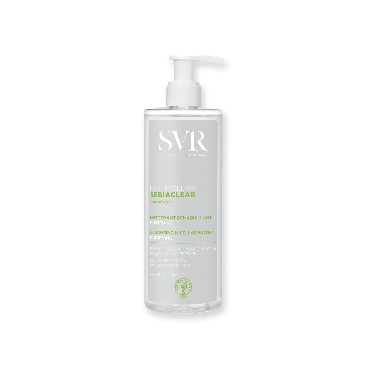 SVR SEBIACLEAR Mizellenwasser in einer 400ml Pumpflasche zur Reinigung von sensibler, zu Akne neigender Haut.