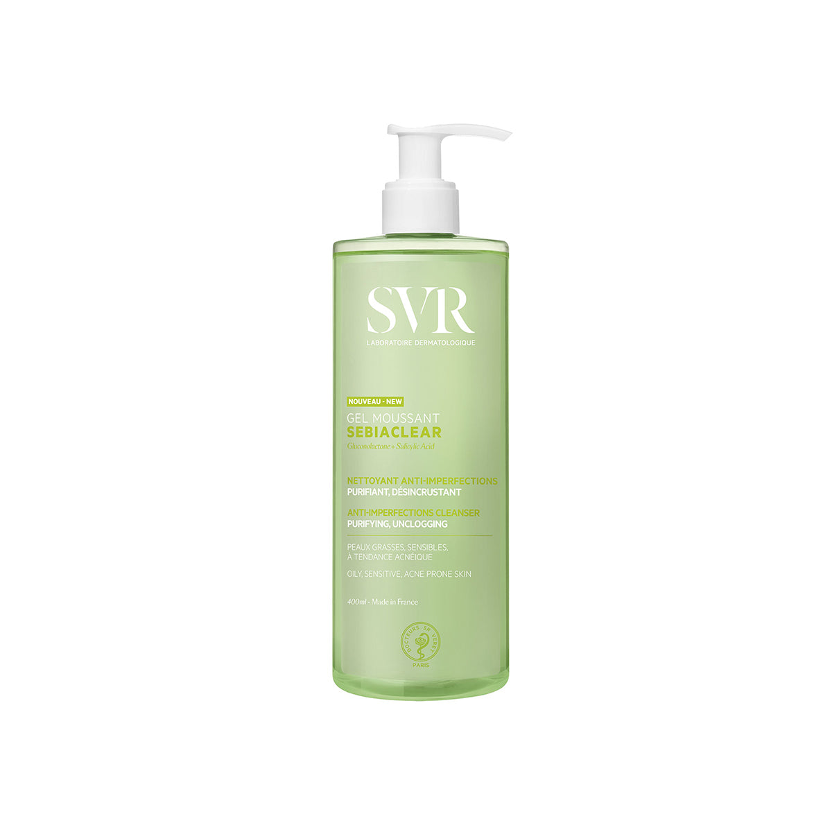 SVR SEBIACLEAR Gel Moussant Reinigungsgel in einer transparenten 400ml Flasche mit weißem Pumpspender auf weißem Hintergrund.