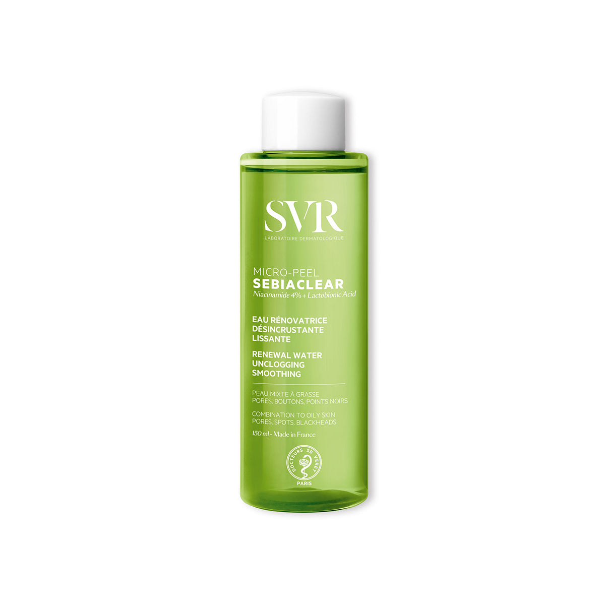Transparente, grüne 150ml Flasche SEBIACLEAR Micro-Peel Gesichtswasser mit weißem Schraubverschluss und weißer Beschriftung.