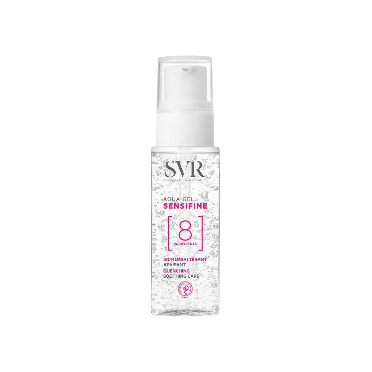 Transparenter SVR Sensifine Aqua-Gel Pumpspender mit minimalistischem Design und weißem Verschluss auf weißem Hintergrund.