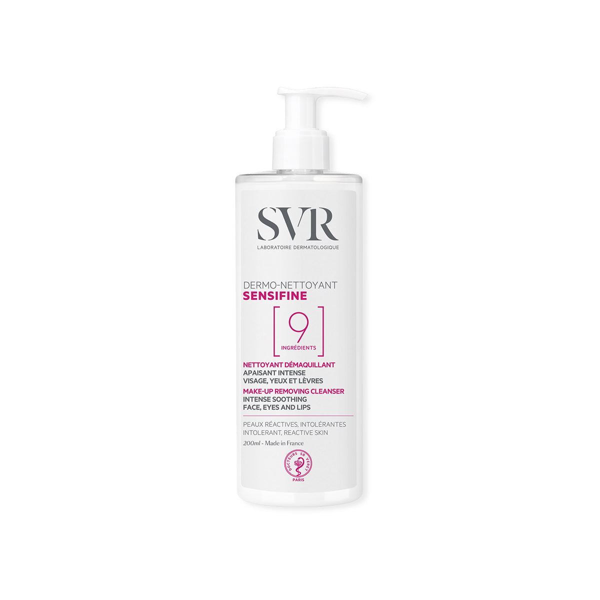 SVR Sensifine Dermo-Nettoyant 200ml Reinigungs-Gelcreme in weißer Pumpflasche mit minimalistischem Design.