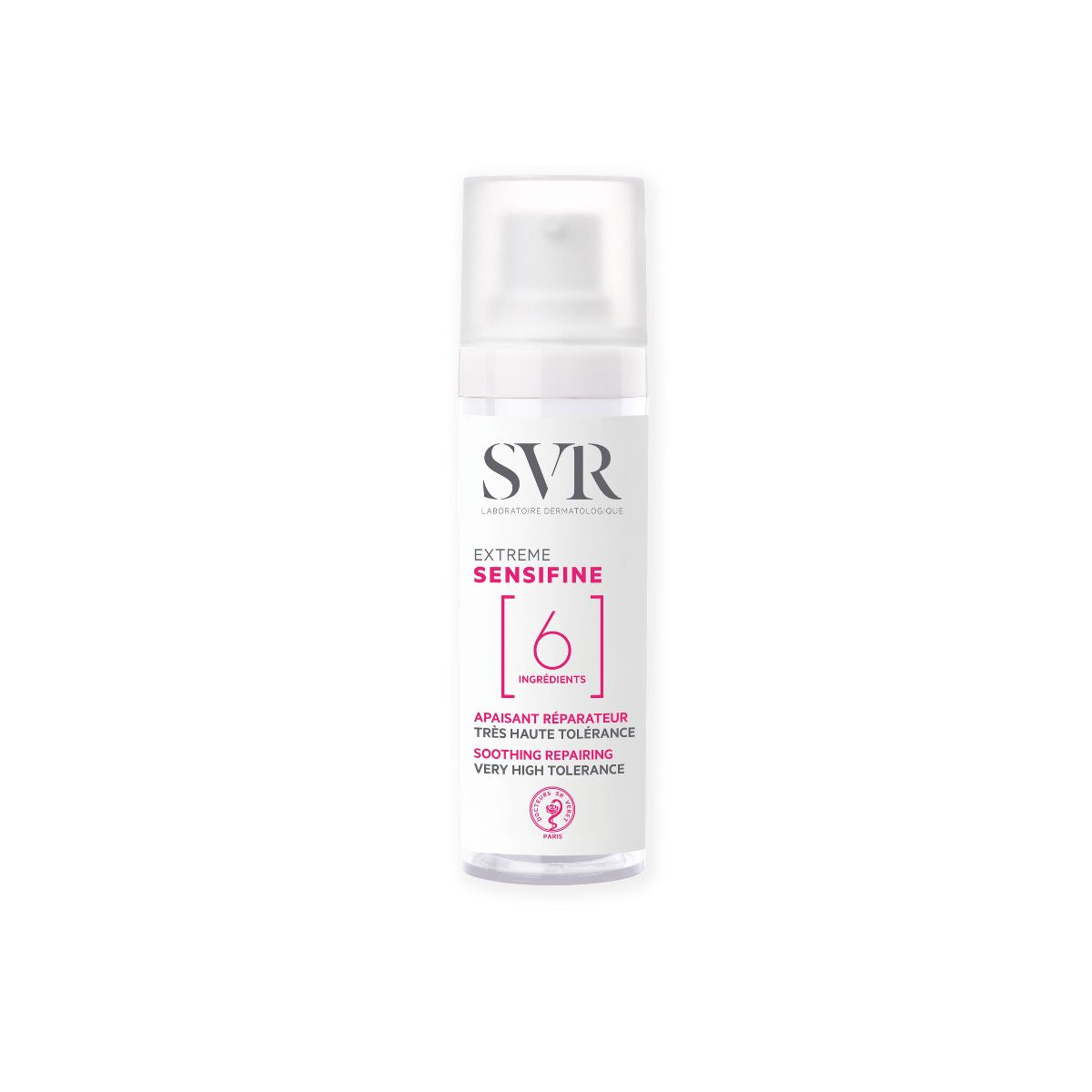 SVR Sensifine Extreme soothing repairing cream in a white pump bottle with a clear cap and minimalist branding.