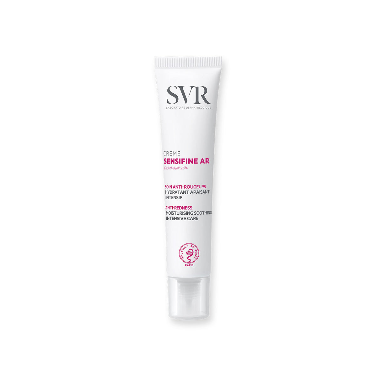 Weiße SVR Sensifine AR Creme Tube mit pinker Schrift und transparentem Verschluss zur Beruhigung von Gesichtsrötungen.