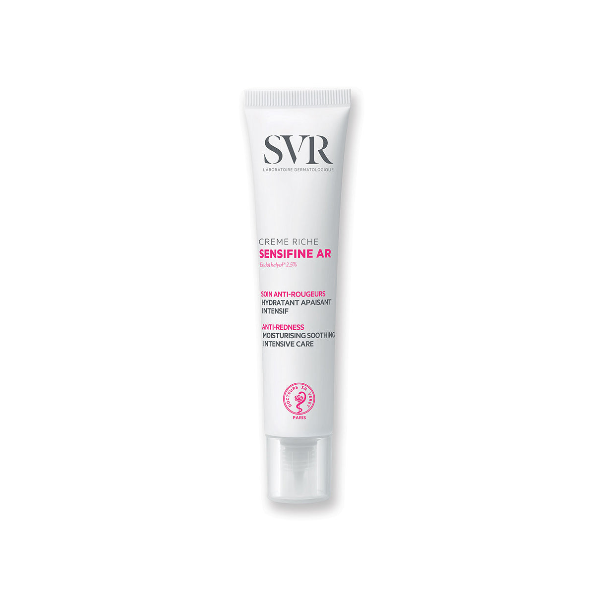 Weiße SVR Sensifine AR Crème Riche Tube mit rosa Akzenten und transparentem Verschluss gegen Hautrötungen.
