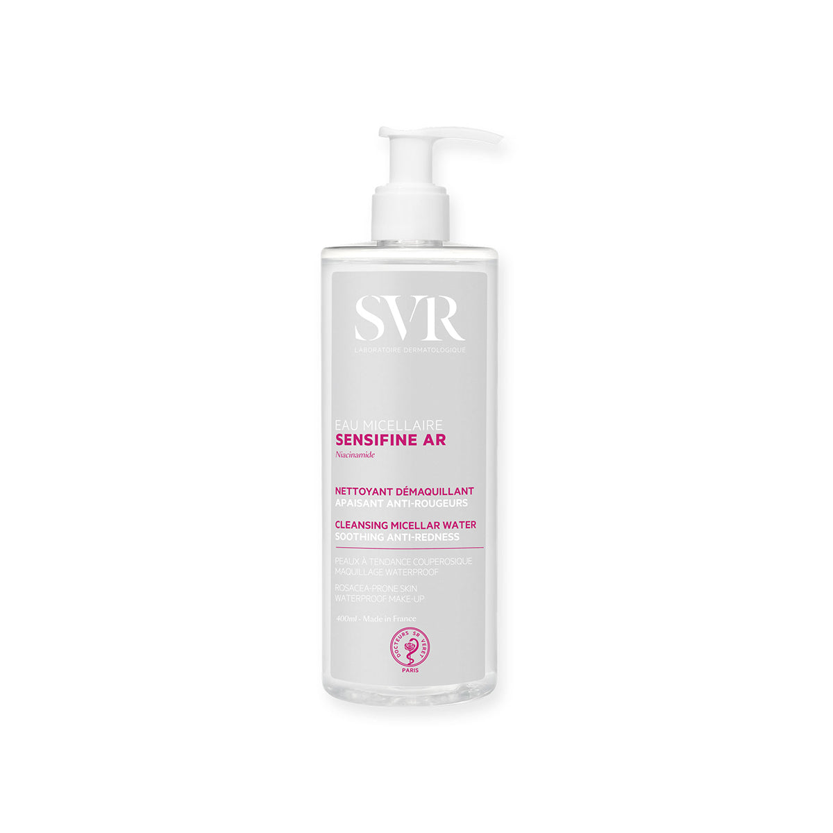 SVR Sensifine AR Mizellenwasser in einer 400ml Pumpflasche mit weißem Etikett und beruhigendem Niacinamid.
