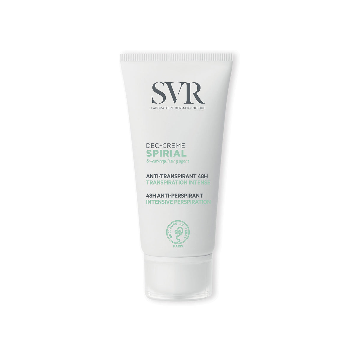 Weiße SVR Spirial Deo-Creme Tube für intensive Transpiration mit 48h Schutz auf weißem Hintergrund.