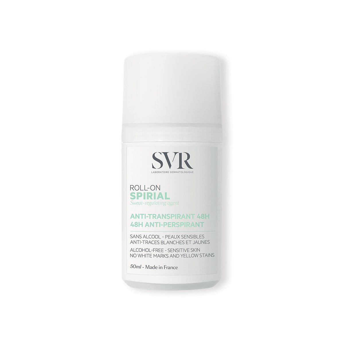 Weißer SVR Spirial Roll-On Antitranspirant 50ml mit grünem Text auf weißem Kunststoffgehäuse vor neutralem Hintergrund.