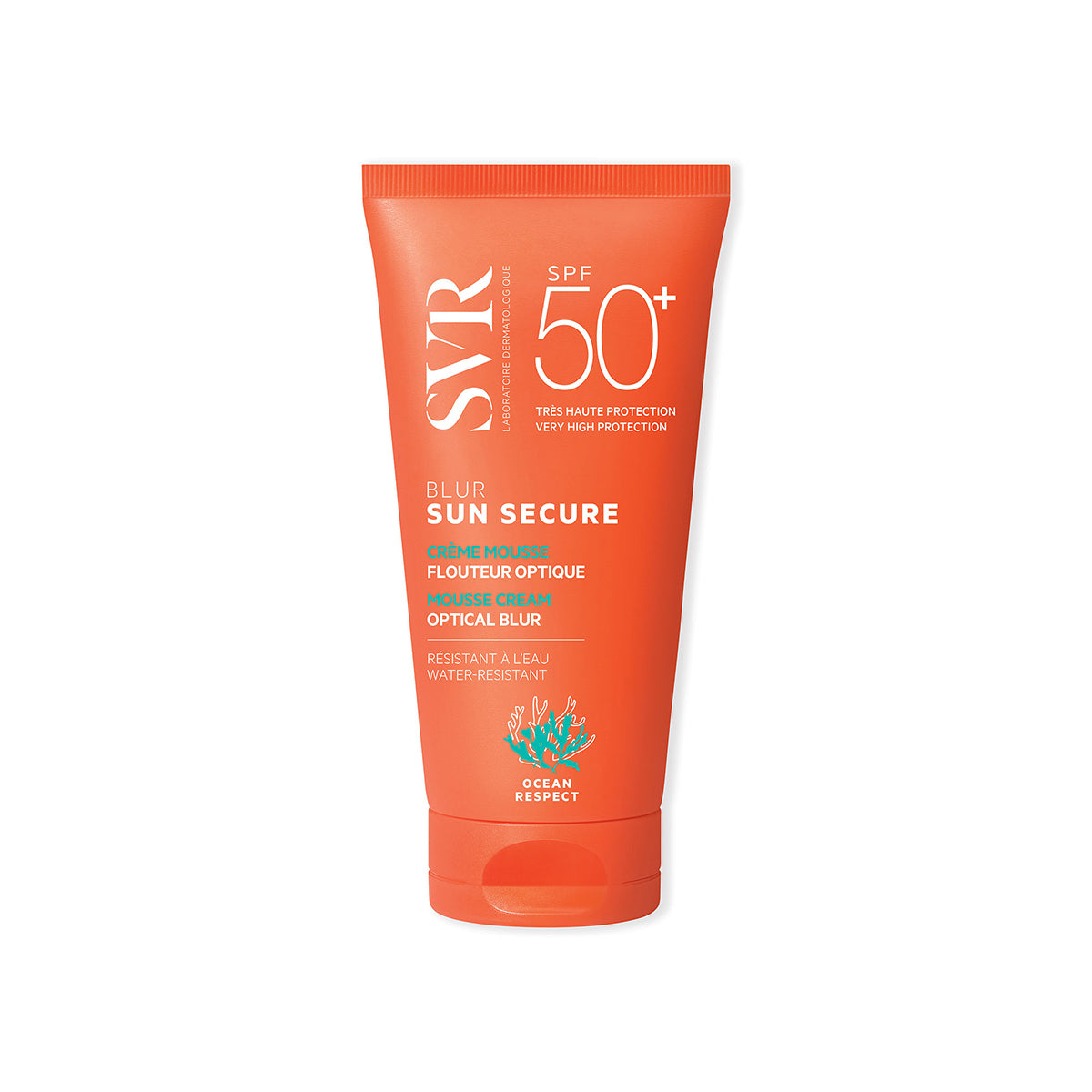 Orangefarbene SVR Sun Secure Blur SPF50+ Mousse-Sonnencreme-Tube mit weißer Beschriftung und Ocean Respect Logo.