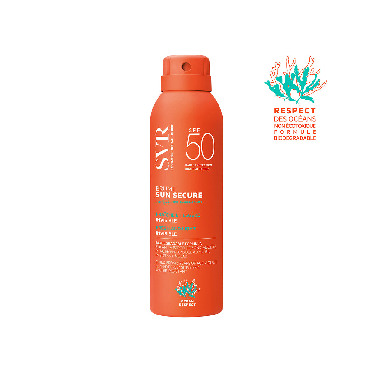 SVR SUN SECURE Brume SPF50 Sonnenschutzspray in orangefarbener Sprühdose mit Korallen-Symbol für Meeresschutz.