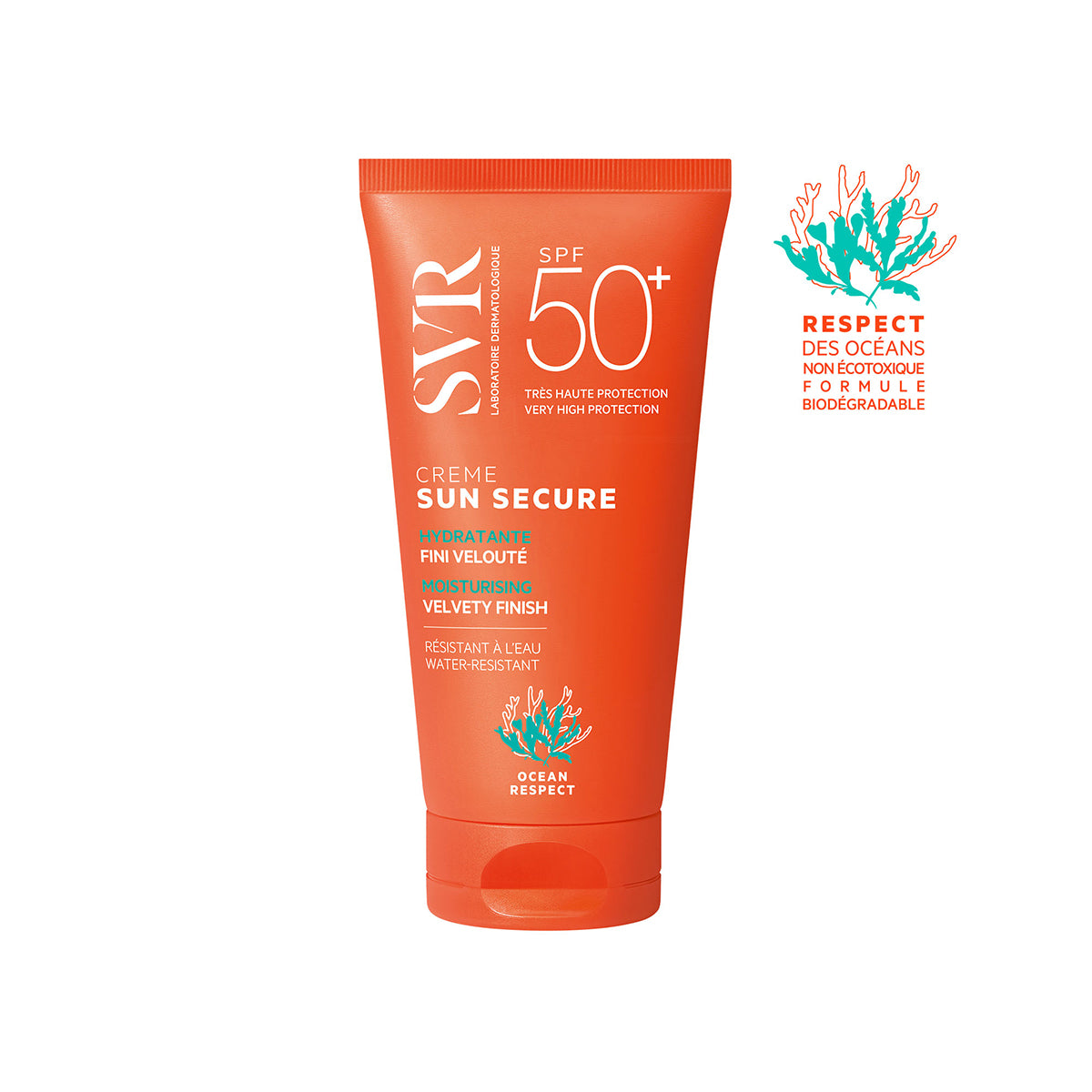 Orangefarbene SVR SUN SECURE Crème SPF50+ Tube mit Korallen-Logo und Hinweisen zum Schutz der Meere auf weißem Hintergrund.