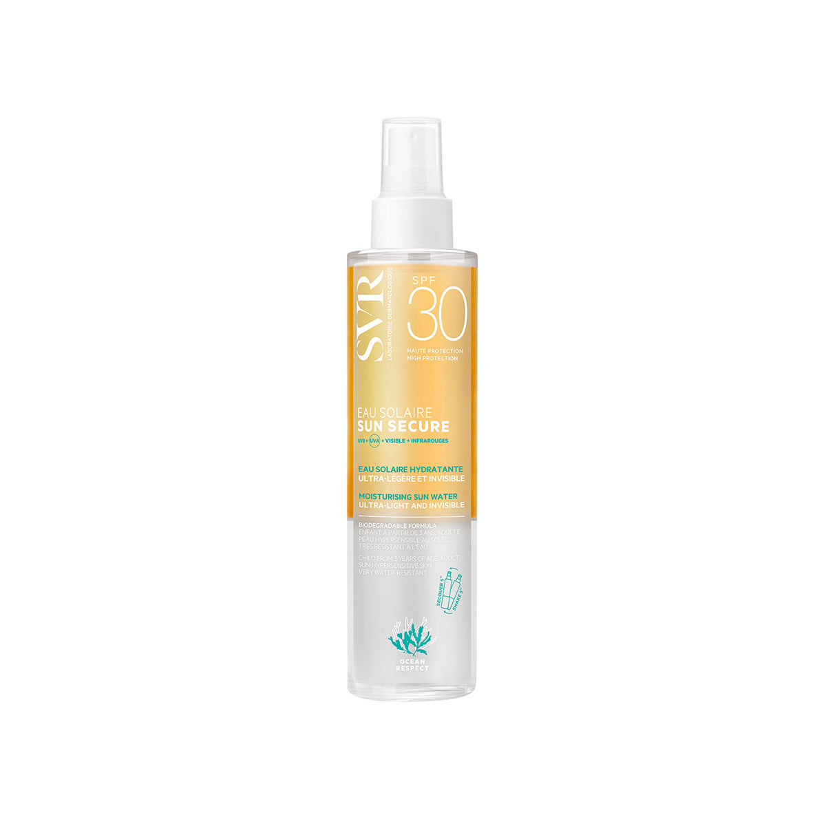 SVR SUN SECURE Eau Solaire SPF30 Sonnenschutz-Spray in transparenter Flasche mit gelbem Etikett auf weißem Hintergrund.