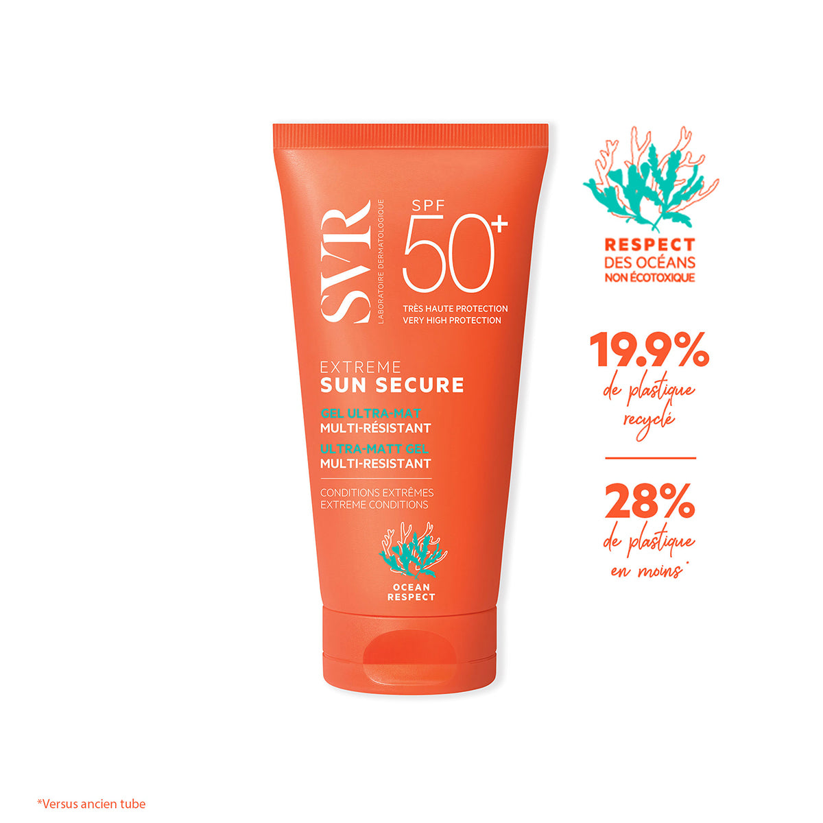 Orangefarbene SVR SUN SECURE Extreme SPF50+ Sonnencreme-Tube mit weißer Schrift und Ocean-Respect-Logo auf weißem Hintergrund.