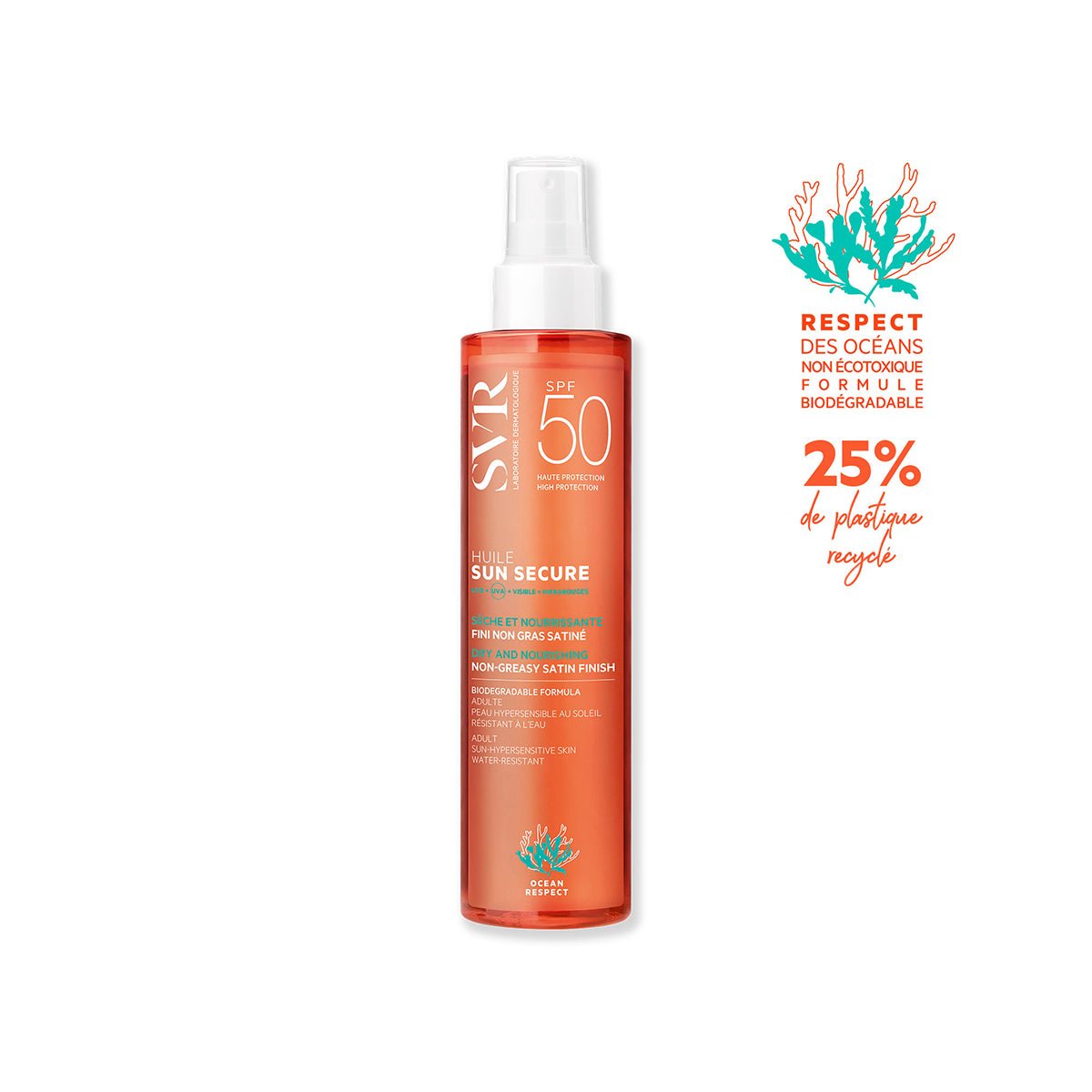 SVR SUN SECURE Huile SPF50 Sonnenschutz-Trockenöl in einer transparenten orangefarbenen Sprühflasche mit weißem Verschluss.