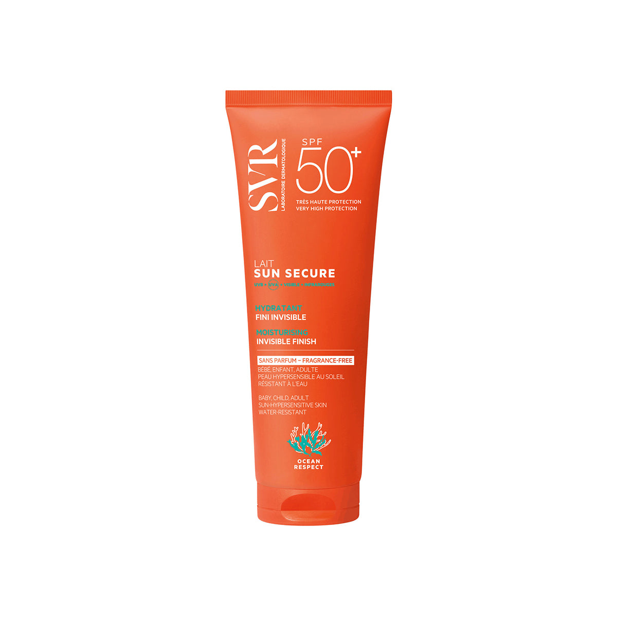 Orangefarbene SVR SUN SECURE Lait SPF50+ Tube mit weißem Text für empfindliche Haut, 250ml Sonnenschutzmilch.