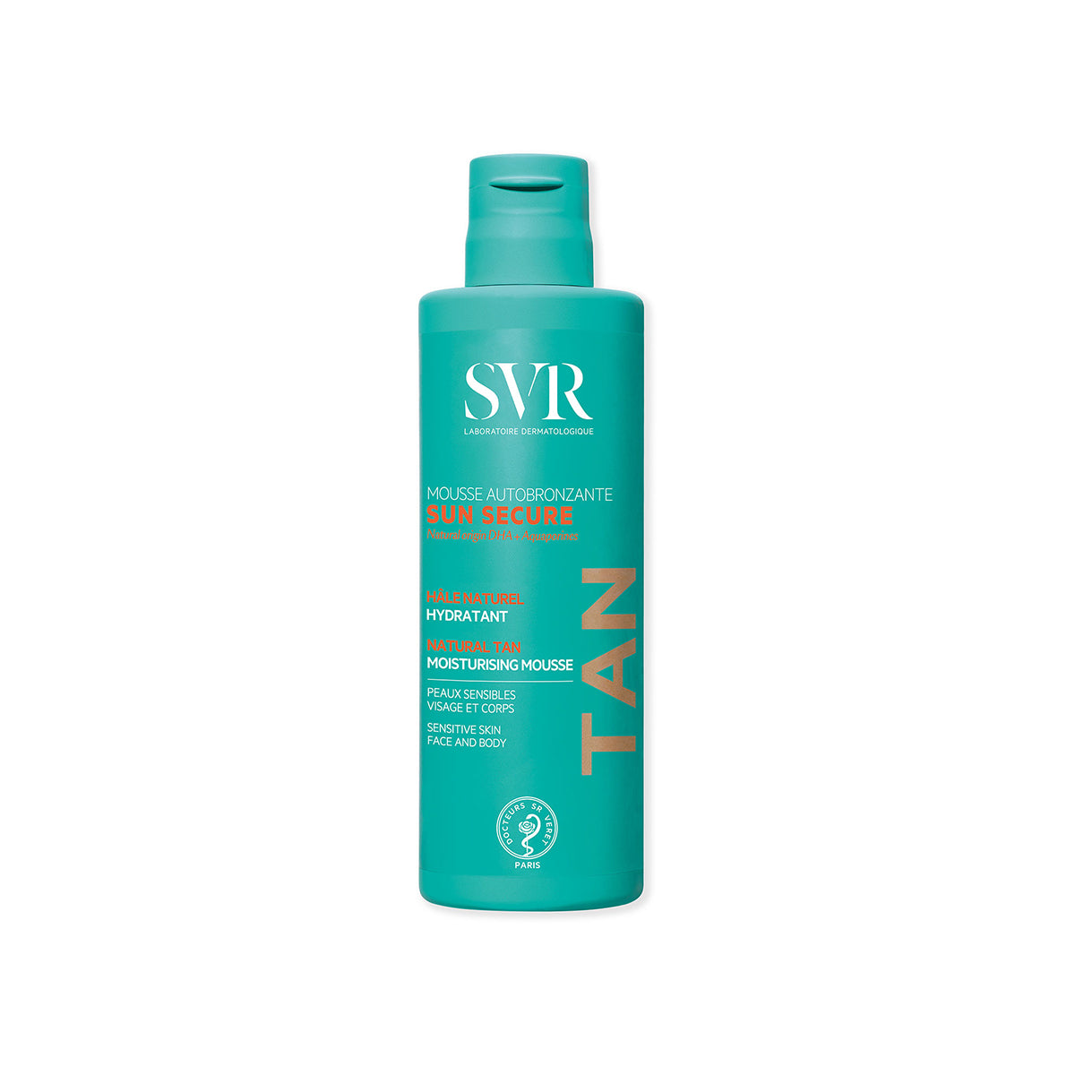 Türkisblaue SVR SUN SECURE Selbstbräunungsschaum-Flasche mit weißer und oranger Beschriftung für Gesicht und Körper.