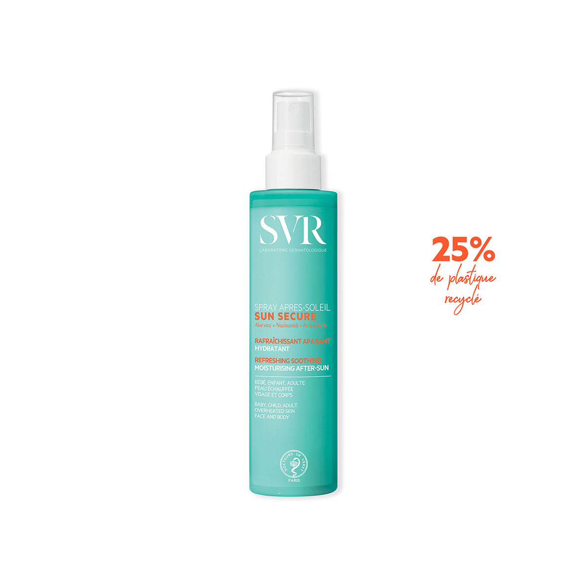 Türkisblaue SVR SUN SECURE After-Sun-Sprühflasche mit weißem Pumpkopf und Hinweisen zu 25 % recyceltem Kunststoff.