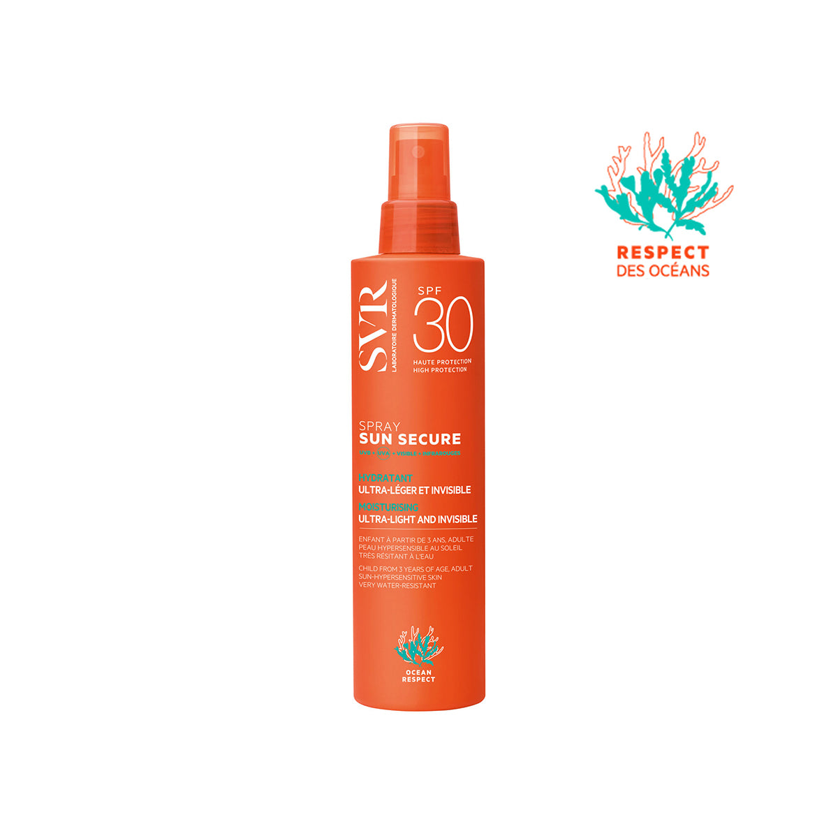 Orangefarbene SVR SUN SECURE Spray SPF30 Flasche mit Sprühkopf und Korallen-Logo für umweltfreundlichen Sonnenschutz.