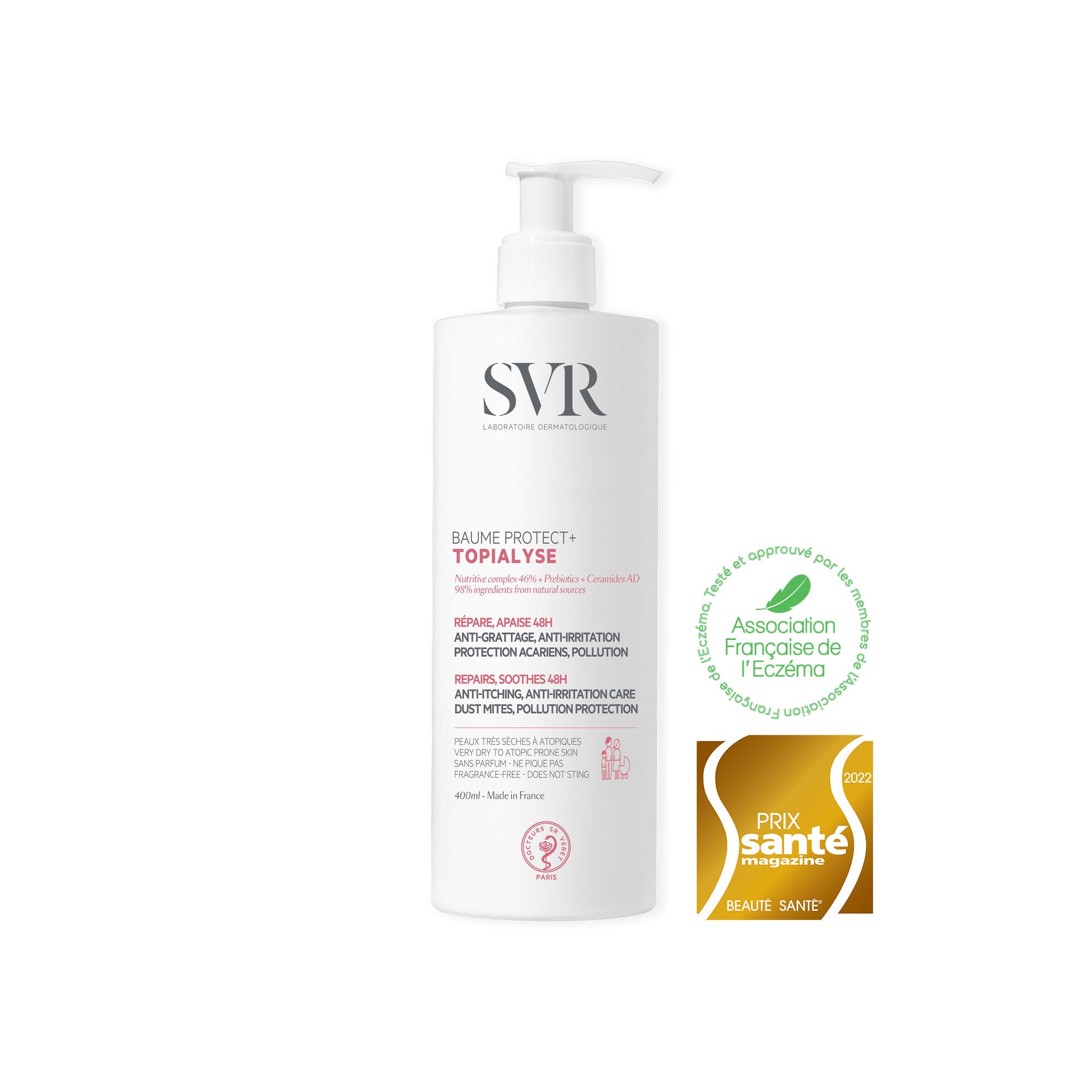 Weiße 400ml SVR Topialyse Baume Protect+ Pumpflasche mit pflegender Formel für sehr trockene, zu Neurodermitis neigende Haut.
