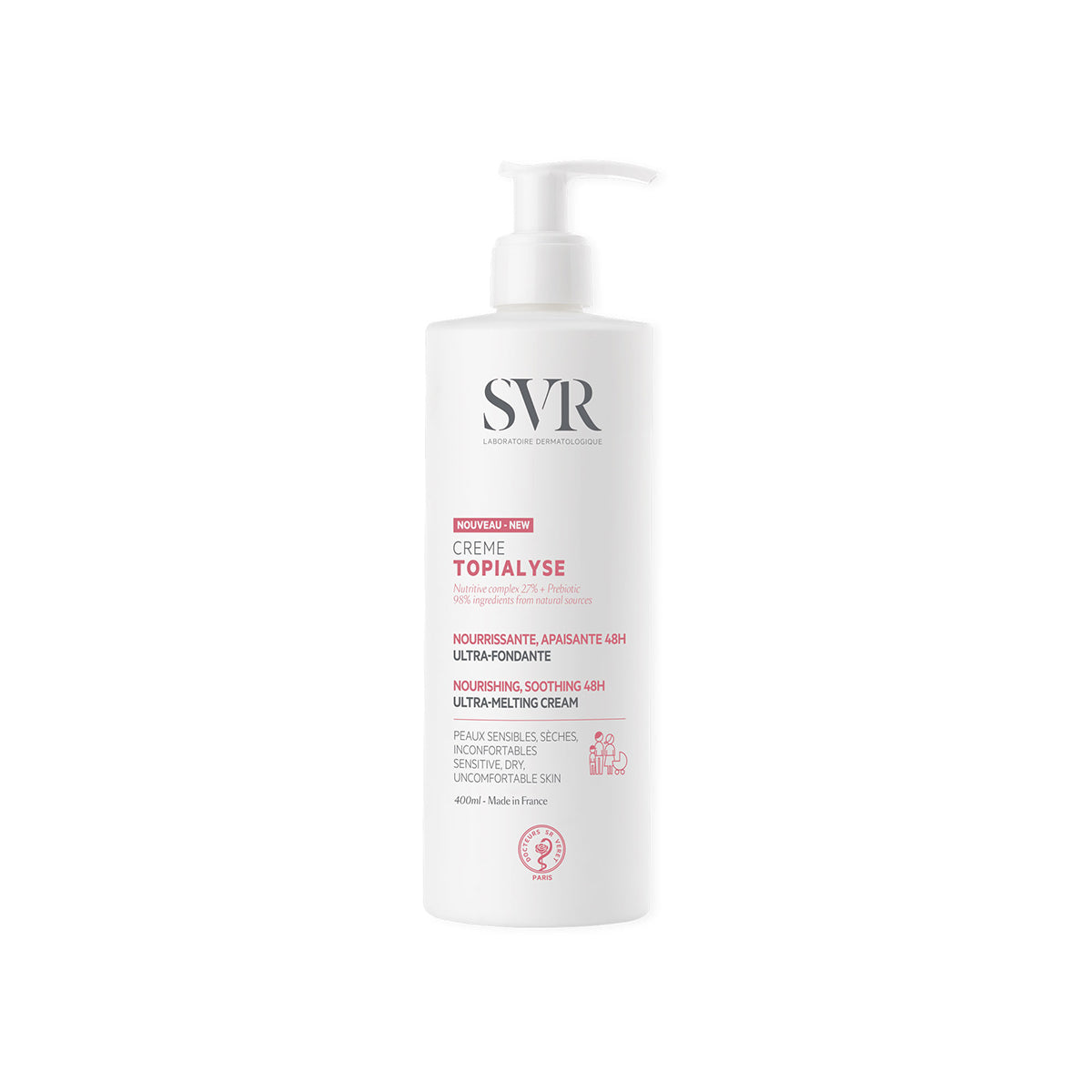 Weiße 400ml SVR TOPIALYSE Creme Flasche mit Pumpspender für trockene, empfindliche Haut auf weißem Hintergrund.