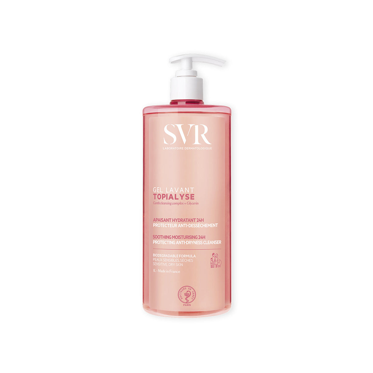 SVR TOPIALYSE Gel Lavant 1L Pumpflasche für empfindliche, trockene Haut mit beruhigender, feuchtigkeitsspendender Formel.