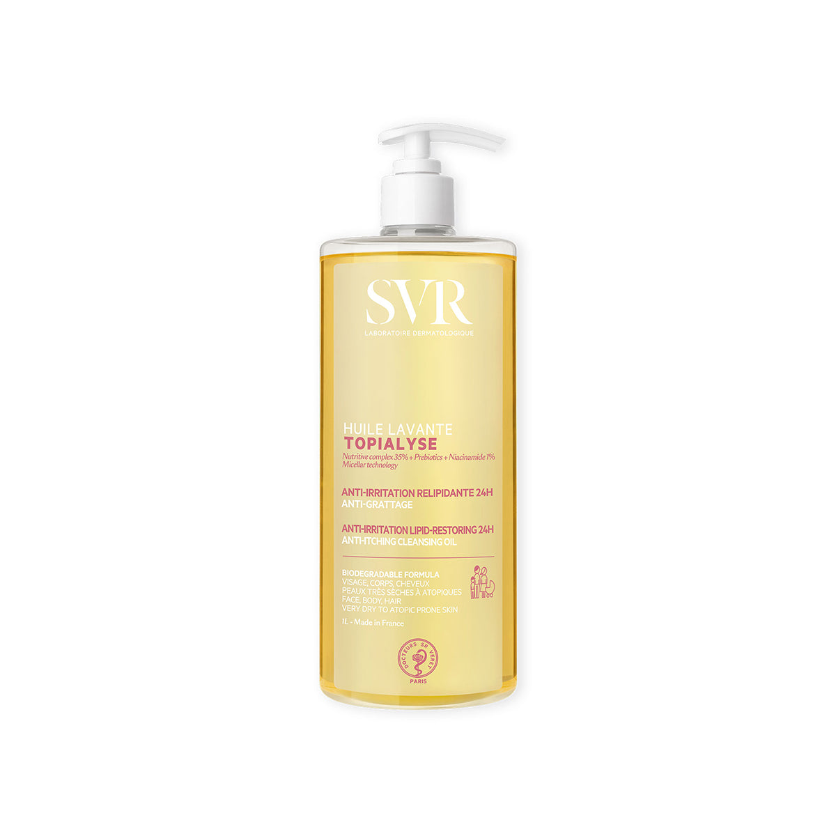 SVR TOPIALYSE Huile Lavante 1L Pumpflasche mit goldenem Reinigungsöl für trockene, zu Allergien neigende Haut.