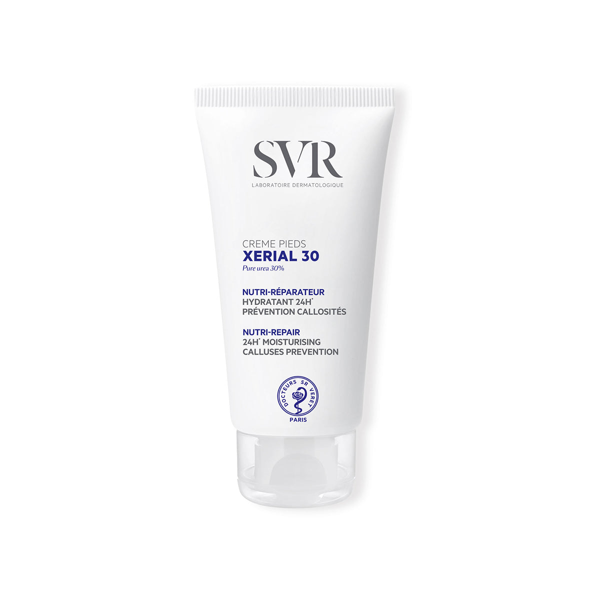 Weiße SVR XERIAL 30 Fußcreme-Tube mit blauem Text und transparentem Verschluss auf weißem Hintergrund.