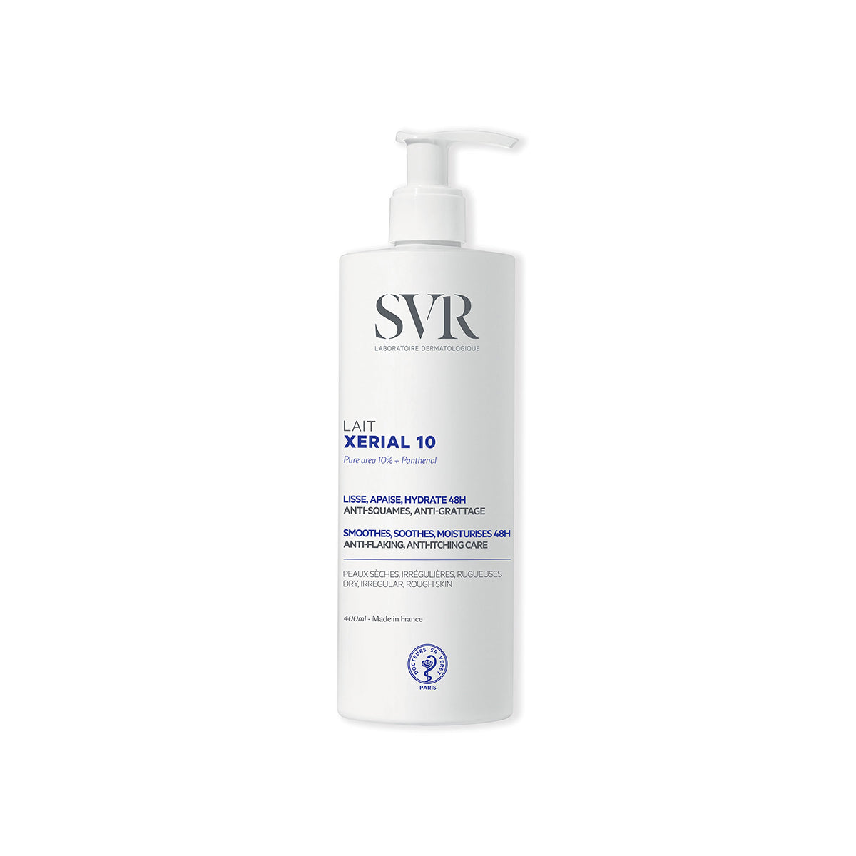 Weiße 400ml SVR XERIAL 10 Lait Körperlotion mit Pumpspender gegen trockene, raue Haut und Schuppen.