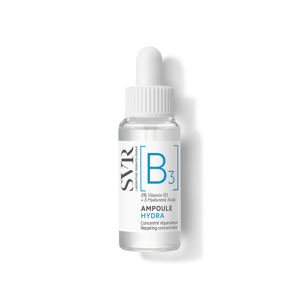 SVR B3 Ampoule Hydra Serum in einer transparenten Glasflasche mit weißem Pipettenverschluss auf weißem Hintergrund.