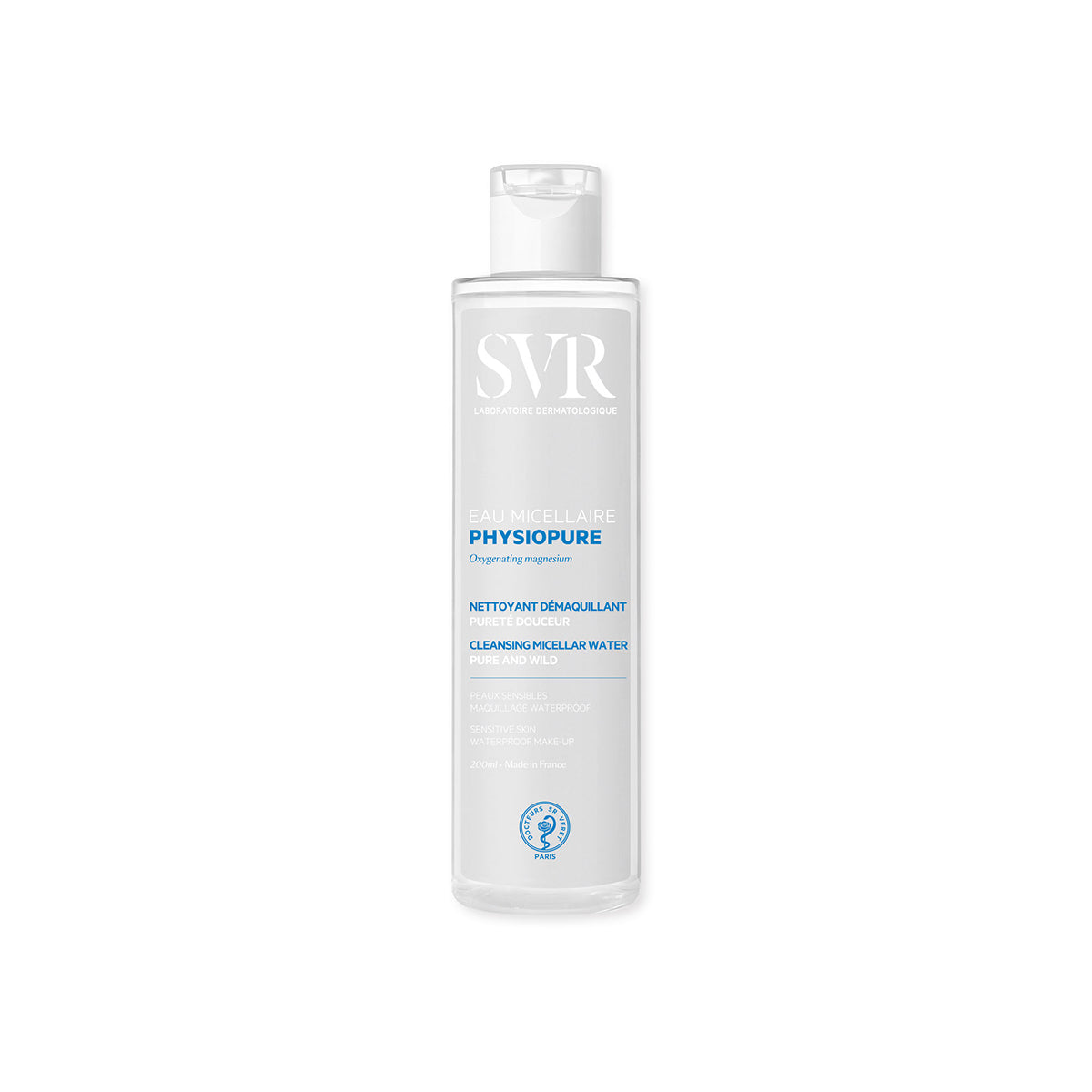 SVR PHYSIOPURE Eau Micellaire 200ml Flasche mit weißem Verschluss und blau-weißer Beschriftung auf transparentem Kunststoff.