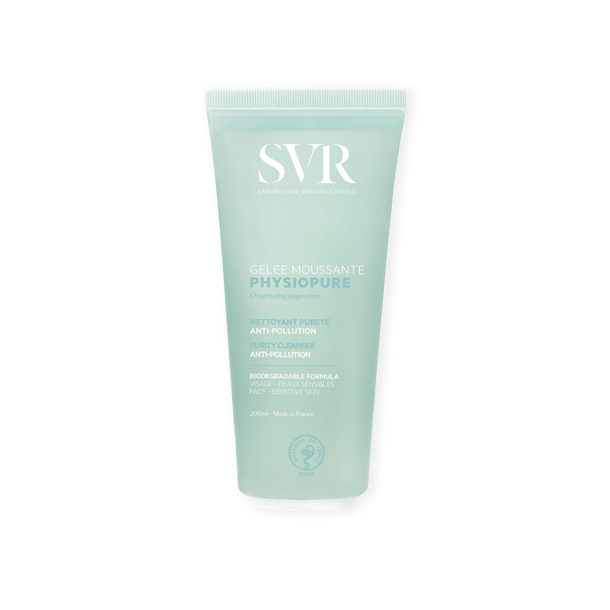 Hellgrüne 200ml SVR PHYSIOPURE Gelée Moussante Tube für empfindliche Haut mit weißem Logo und Text auf der Vorderseite.