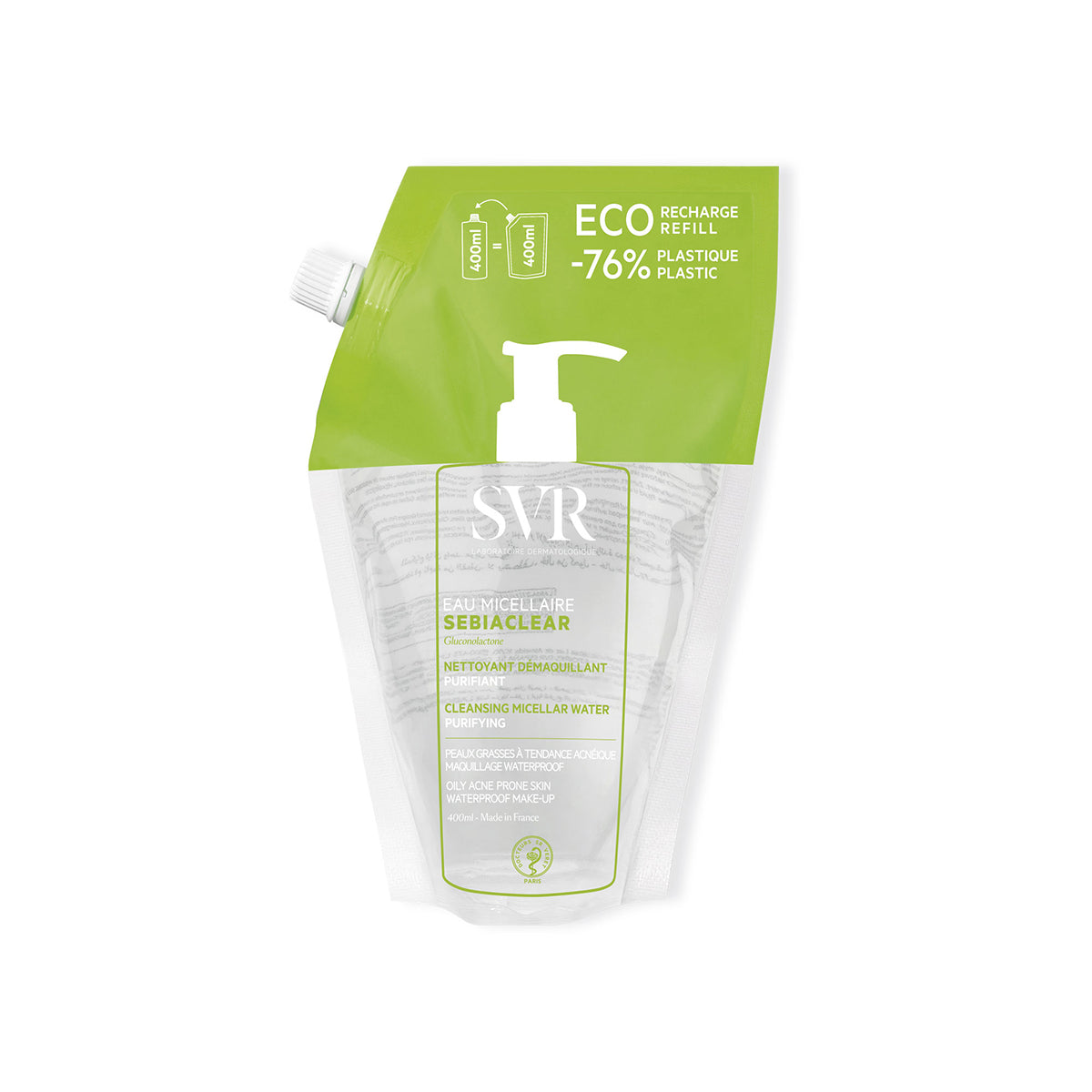 SVR Sebiaclear Eau Micellaire Nachfüllbeutel 400ml für sensible, zu Akne neigende Haut mit grünem Design.
