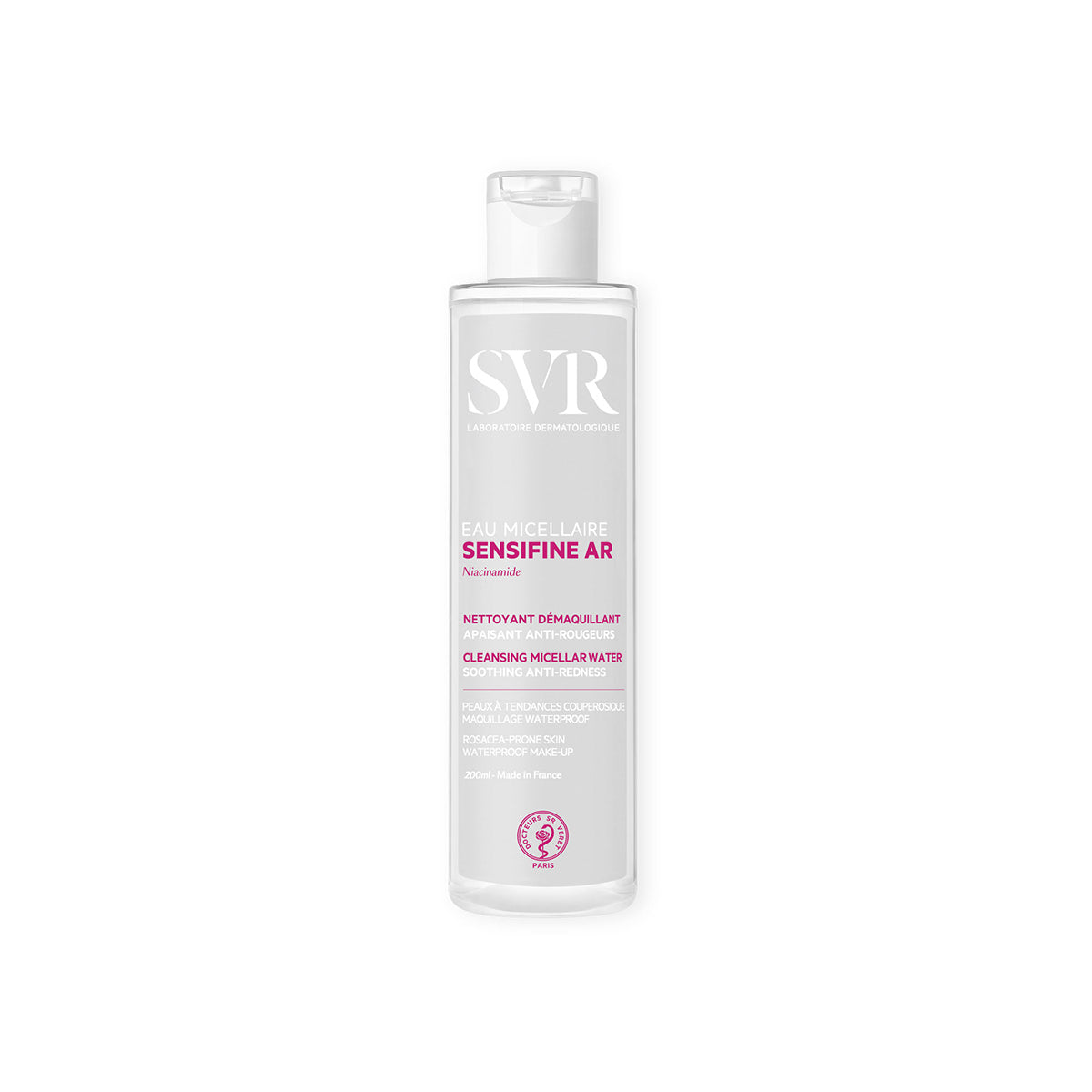 Transparente 200ml Flasche SVR Sensifine AR Mizellenwasser mit weißem Klappdeckel und pinkfarbenem Text auf weißem Etikett.