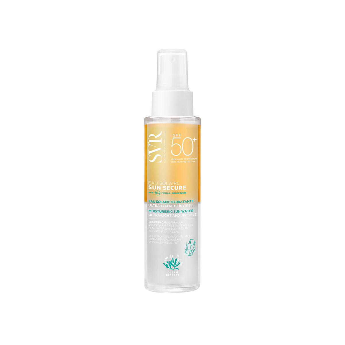 SVR SUN SECURE Eau Solaire SPF50+ Sonnenschutz-Spray in einer transparenten 200ml Flasche mit gelbem Farbverlauf.