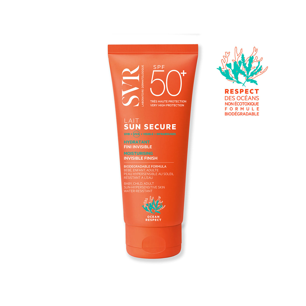 Orangefarbene SVR SUN SECURE Lait SPF50+ Sonnenmilch-Tube mit weißer Beschriftung und Korallen-Logo auf weißem Hintergrund.