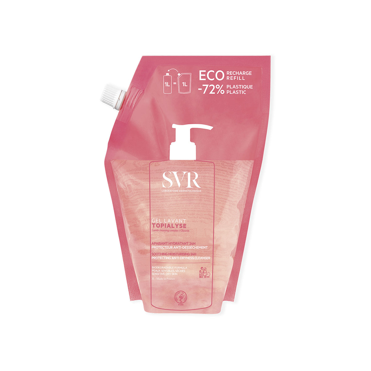 SVR TOPIALYSE Gel Lavant 1L Nachfüllbeutel in Rosa mit weißem Pumpverschluss und umweltfreundlichem Design.