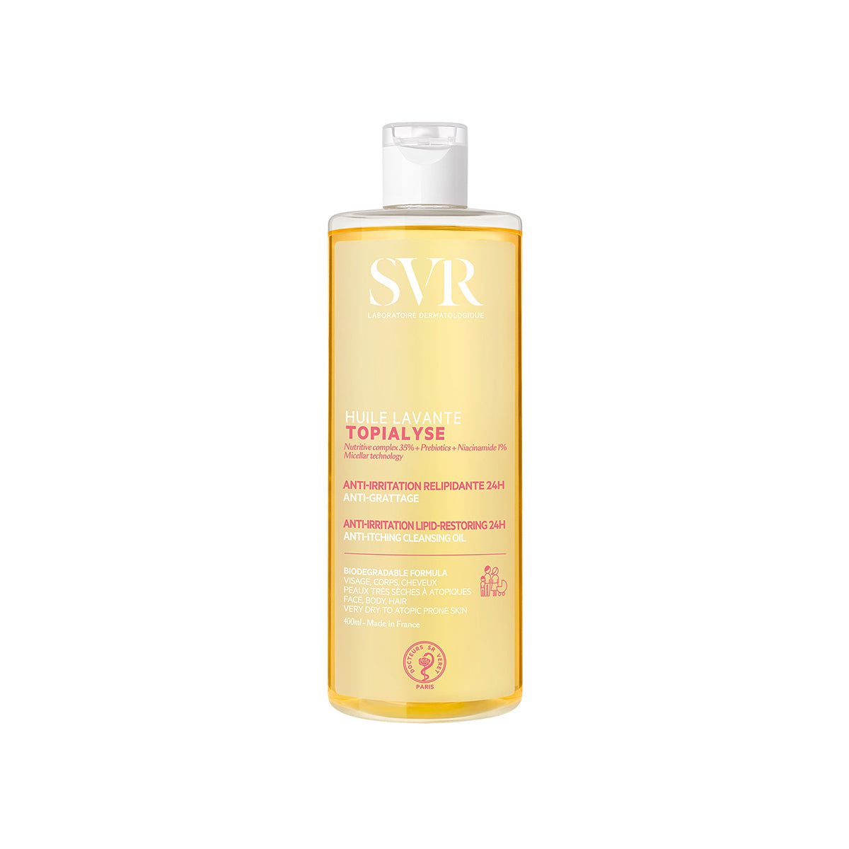 SVR TOPIALYSE Huile Lavante 400ml Reinigungsöl in transparenter Flasche mit weißem Klappdeckel und goldener Textur.